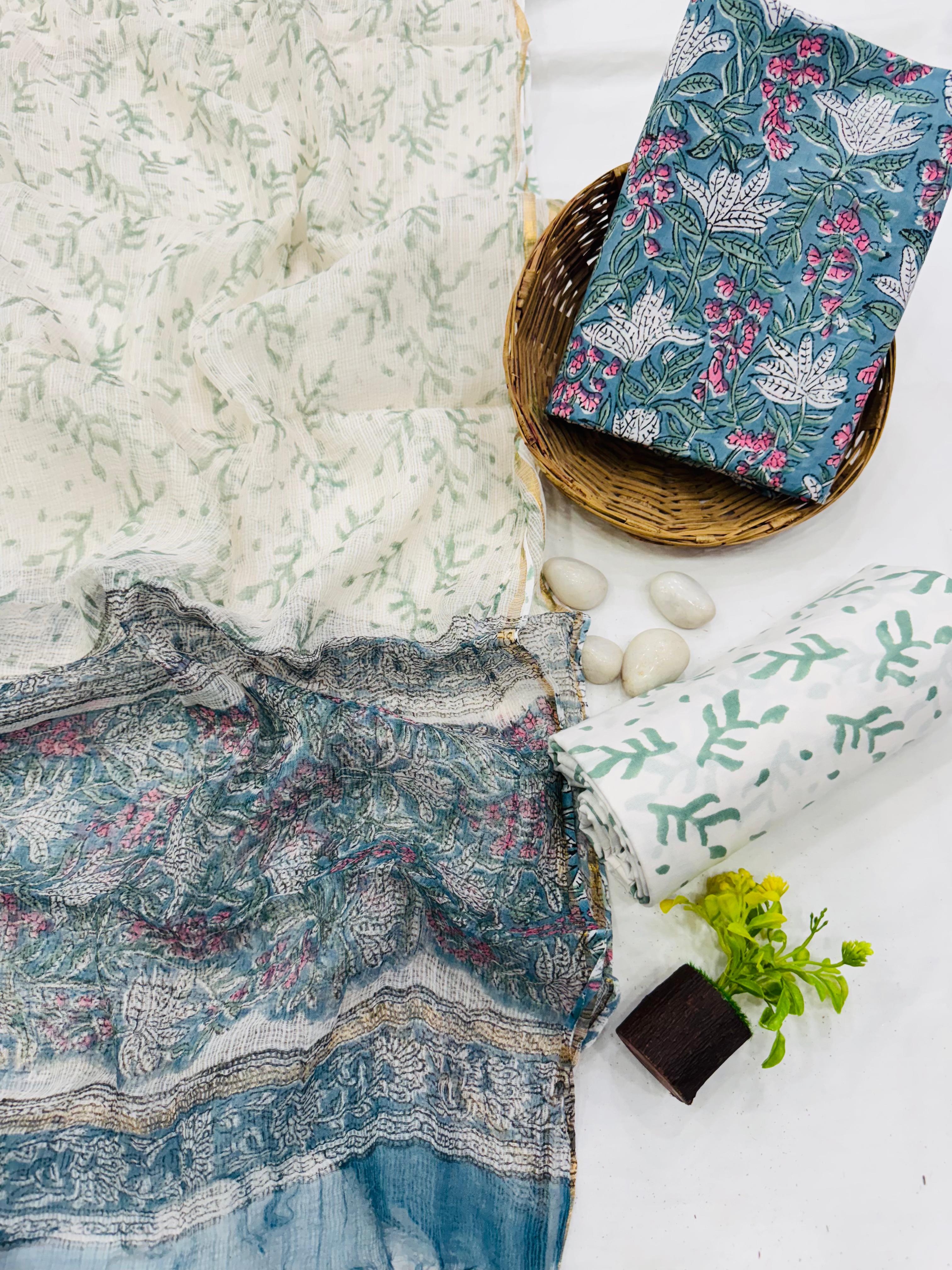 Wholesale Kota Doria Blue Floral John Dress Material – Artisan handblock printed fabric for boutiques, designers & bulk orders